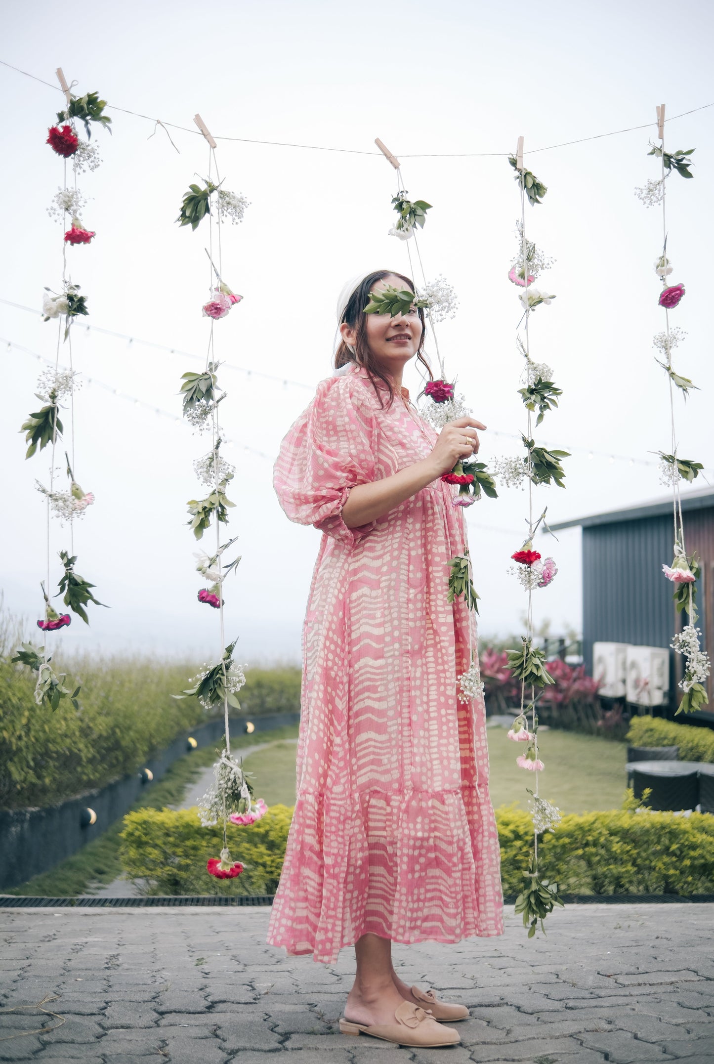 Pink balloon sleeve midi dress