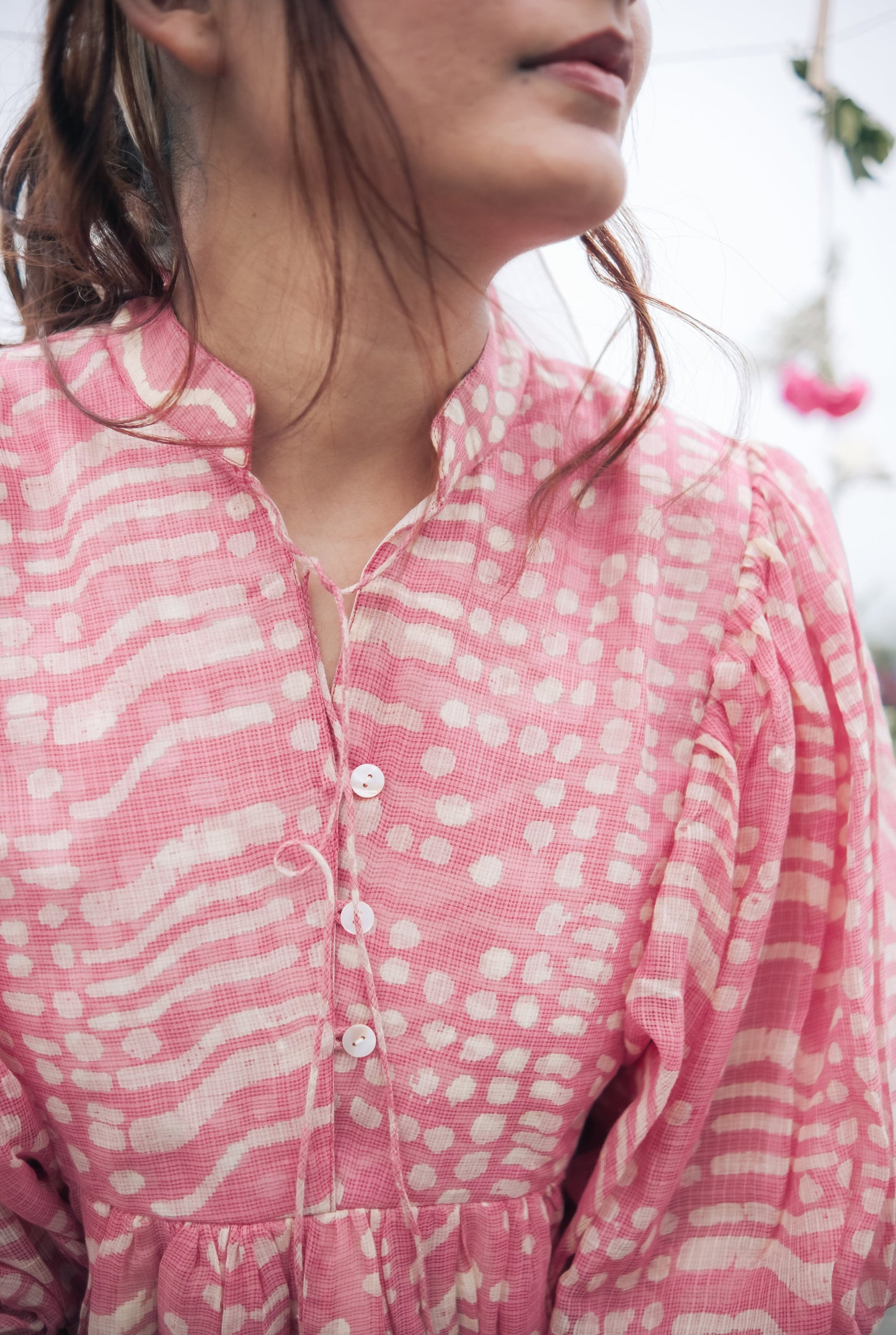 Pink balloon sleeve midi dress