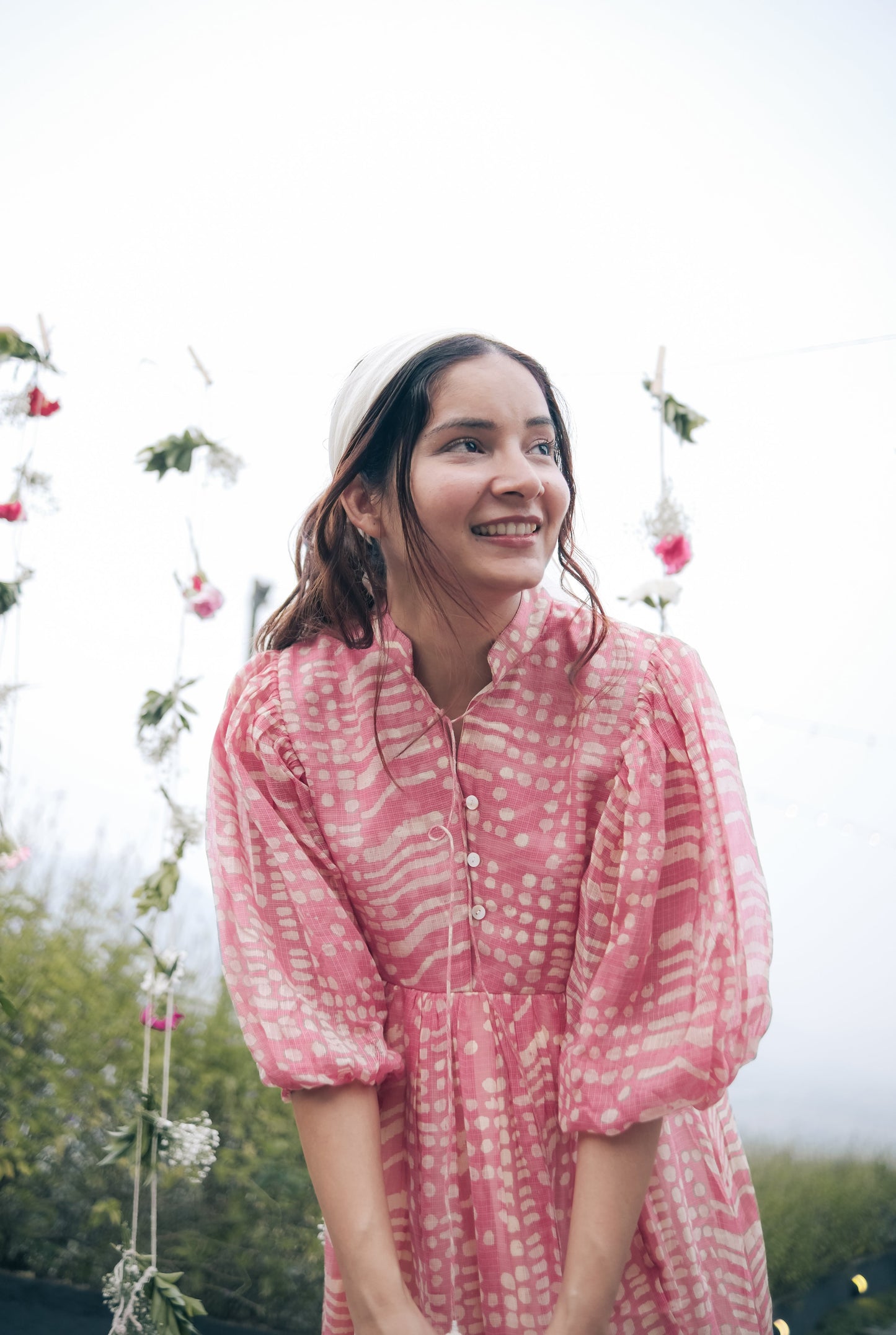 Pink balloon sleeve midi dress