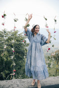 Blue balloon sleeve midi dress