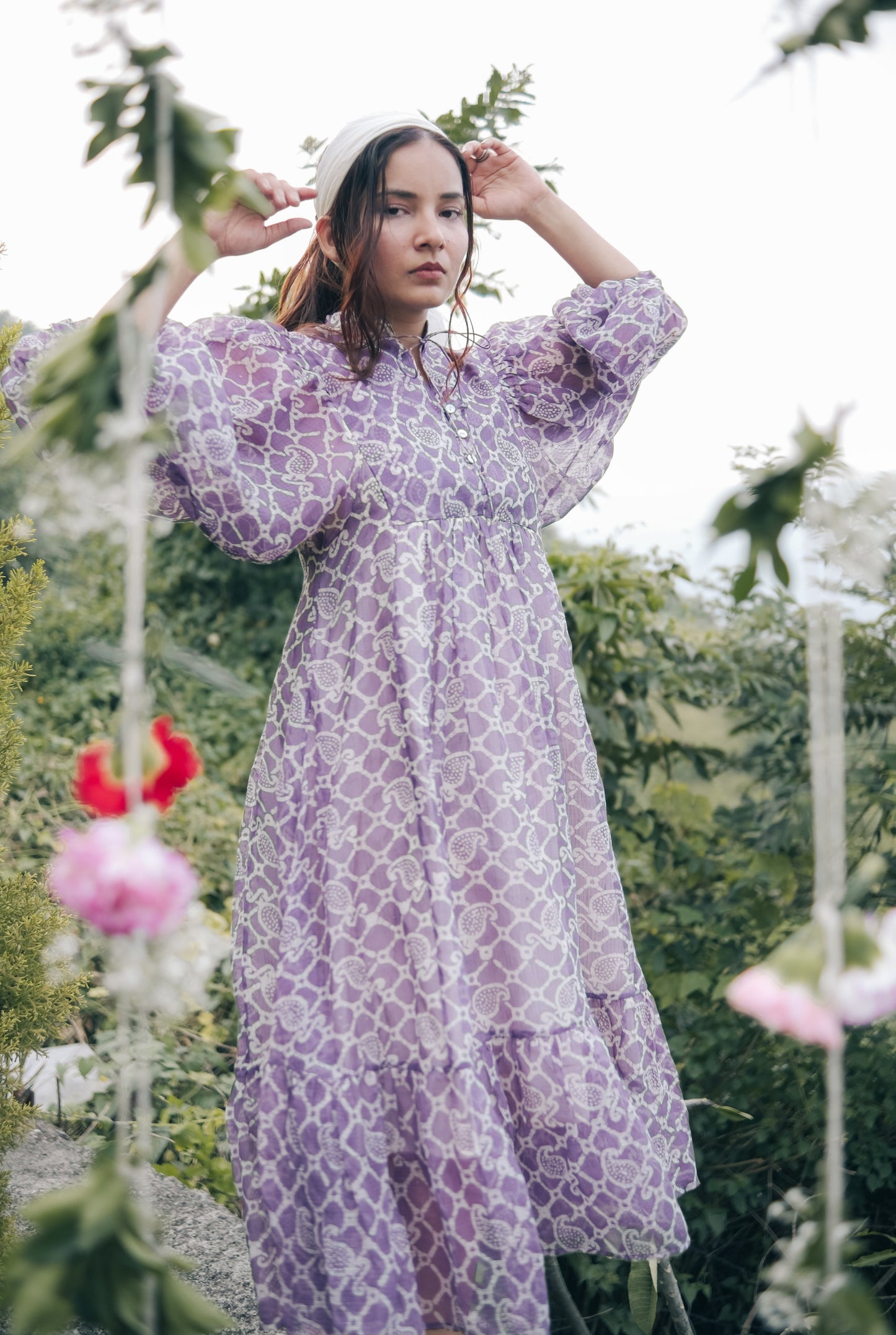 Green balloon sleeve midi dress