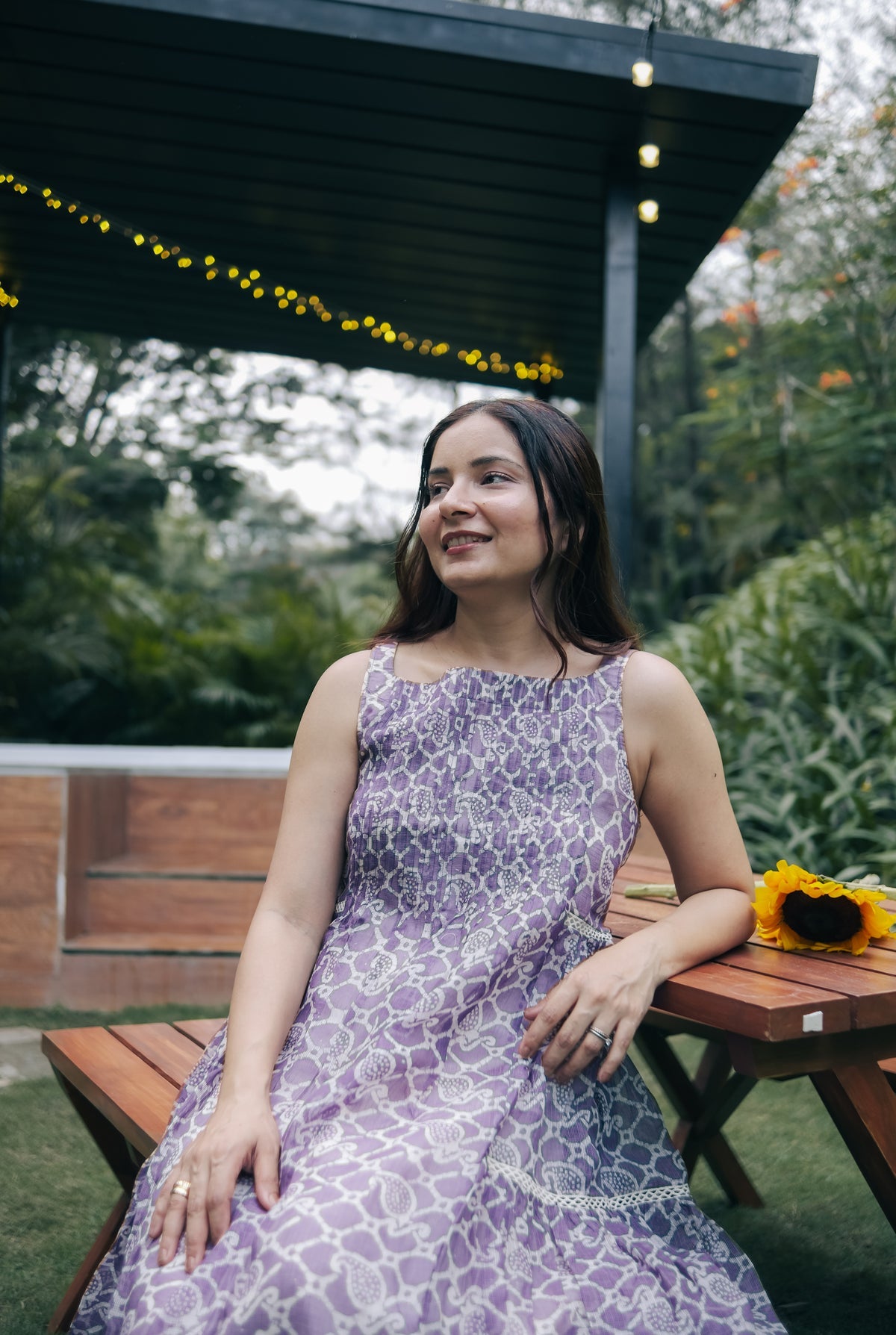 Purple sleeveless pleated yoke dress