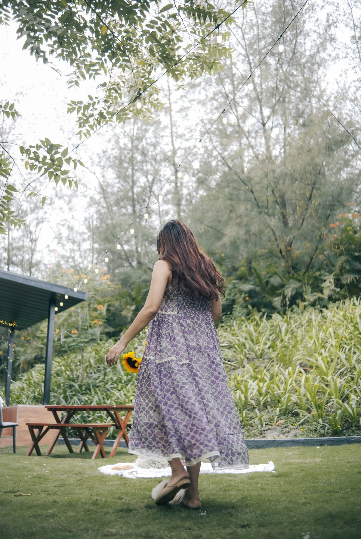 Purple sleeveless pleated yoke dress