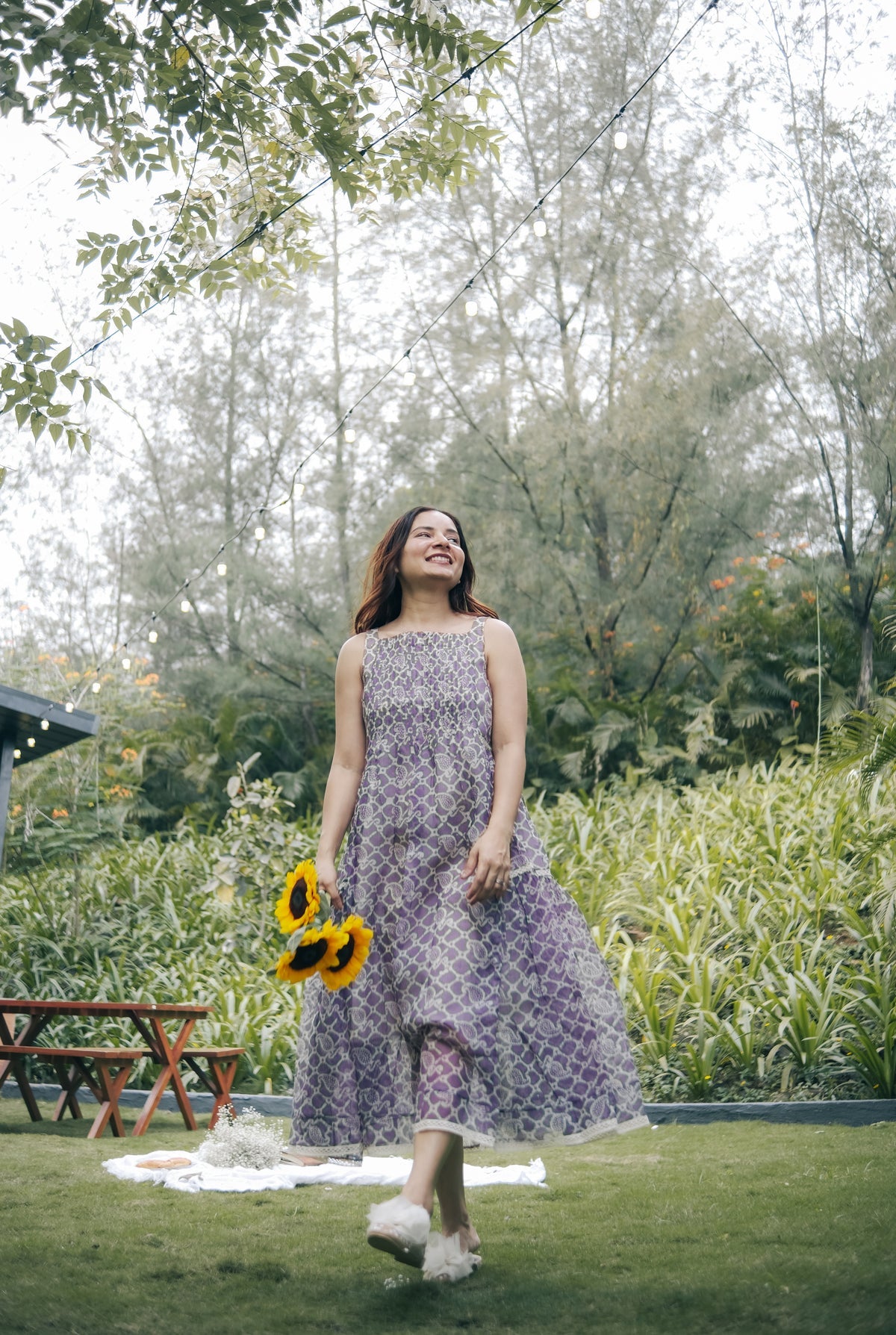 Purple sleeveless pleated yoke dress